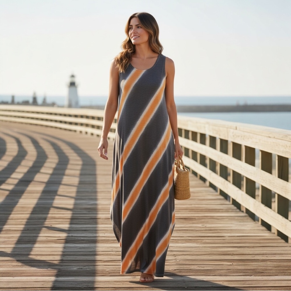 Zenana Outfitters Gray and Orange Asymmetrical Sundress